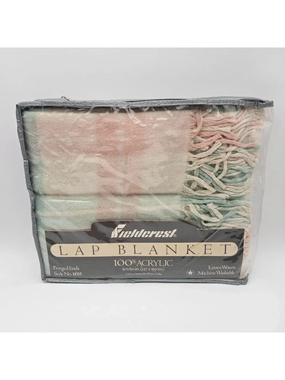 Vintage Fieldcrest Acrylic Lap Blanket Pastel Pink Blue Tartan Fringe Ends NOS